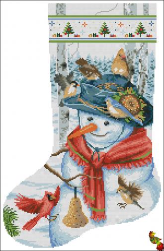 ПК2(з)-2170 Рождественский носок Снеговик и зимние птички 50,6х33 полная зашивка